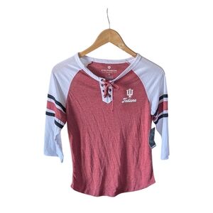 Indiana Hoosiers Top Small Red White Collegiate Game Day Lace Up 3/4 Sleeve  NWT